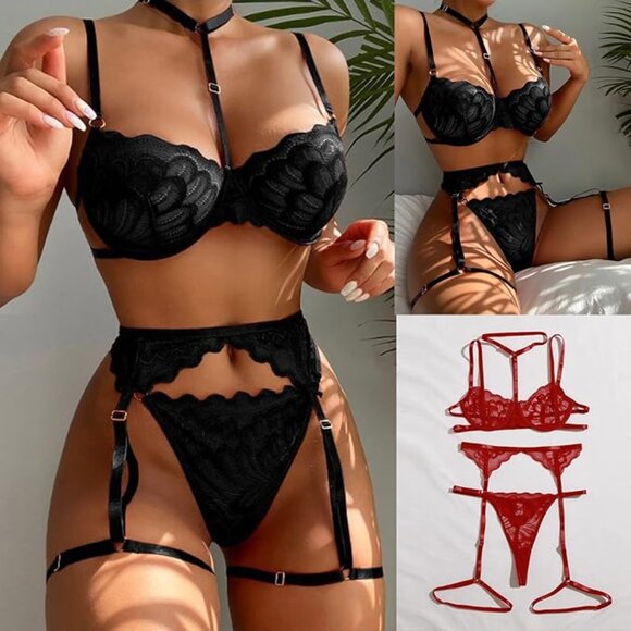 Womens Size XX-Large Plus Size Curvy Choker Floral Lace Lingerie Set Black - Picture 2 of 5